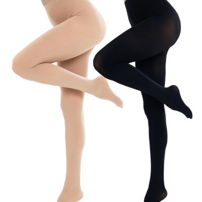 Womens Tights 2 Pairs Run Resistant 80D High Waist Solid Color Semi Opaque Ti...